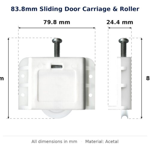 83.8mm Sliding Door Carriage & Roller – Suits Timber Doors dimension diagram - overall 79.8 mm x 83.8 mm, every dimension measured in millimetres. TradeBase Australia part CAR84ACE80.