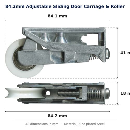 84.2mm Adjustable Sliding Door Carriage & Roller – Suits Patio Doors dimension diagram - overall 84.2 mm x 41 mm, every dimension measured in millimetres. TradeBase Australia part CAR84STL.