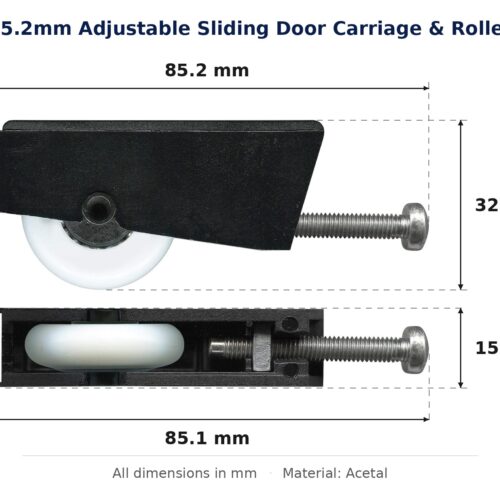 85.2mm Adjustable Sliding Door Carriage & Roller – Suits Wardrobe Doors dimension diagram - overall 85.2 mm x 32.7 mm, every dimension measured in millimetres. TradeBase Australia part CAR85ACE.
