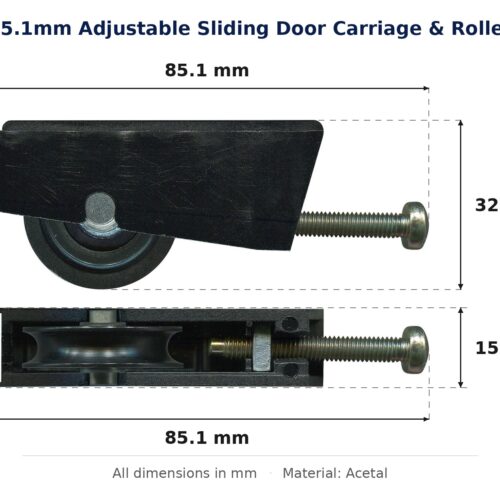 85.1mm Adjustable Sliding Door Carriage & Roller – Suits Wardrobe Doors dimension diagram - overall 85.1 mm x 32.7 mm, every dimension measured in millimetres. TradeBase Australia part CAR85ACE33.