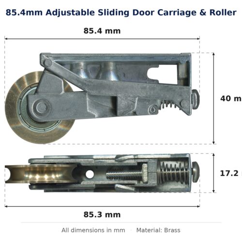 85.4mm Adjustable Sliding Door Carriage & Roller – Suits Patio Doors dimension diagram - overall 85.4 mm x 40 mm, every dimension measured in millimetres. TradeBase Australia part CAR85BR.