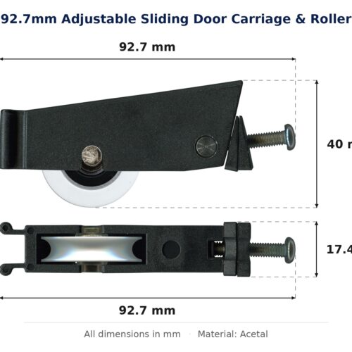92.7mm Adjustable Sliding Door Carriage & Roller – Suits Patio Doors dimension diagram - overall 92.7 mm x 40 mm, every dimension measured in millimetres. TradeBase Australia part CAR93ACE.