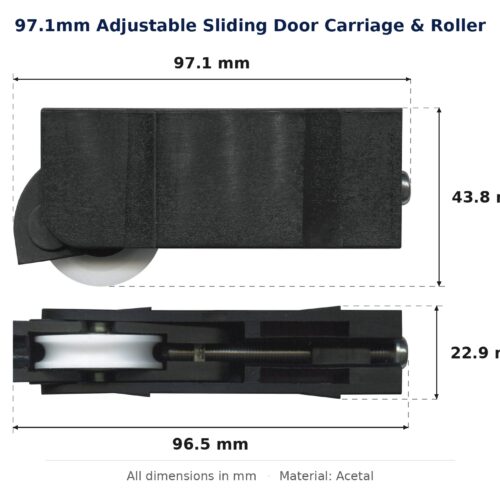 97.1mm Adjustable Sliding Door Carriage & Roller – Suits Patio Doors dimension diagram - overall 97.1 mm x 43.8 mm, every dimension measured in millimetres. TradeBase Australia part CAR97ACE.