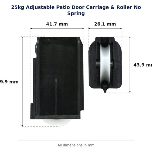 TradeBase 25kg Adjustable Patio Door Carriage & Roller No Spring dimensions showing 41.7 mm, 26.1 mm, 69.9 mm, 43.9 mm