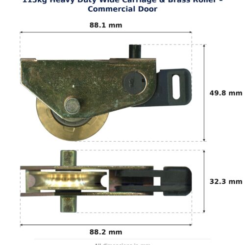 TradeBase 115kg Heavy Duty Wide Carriage & Brass Roller – Commercial Door dimensions showing 88.1 mm, 88.2 mm, 49.8 mm, 32.3 mm