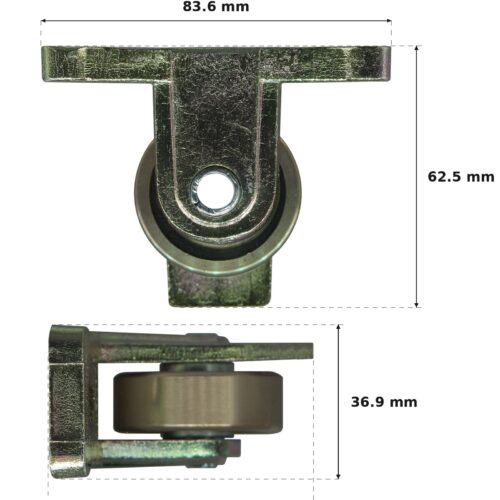 TradeBase 50kg Heavy Duty Carriage & Flat Brass Roller – Commercial Sliding Door dimensions showing 83.6 mm, 63.2 mm, 62.5 mm, 36.9 mm