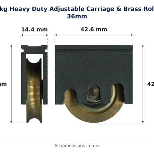 TradeBase 35kg Heavy Duty Adjustable Carriage & Brass Roller 36mm dimensions showing 14.4 mm, 42.6 mm, 42.6 mm, 42.6 mm