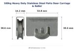 TradeBase 100kg Heavy Duty Stainless Steel Patio Door Carriage & Roller dimensions showing 14.2 mm, 53.8 mm, 38.6 mm, 38.6 mm