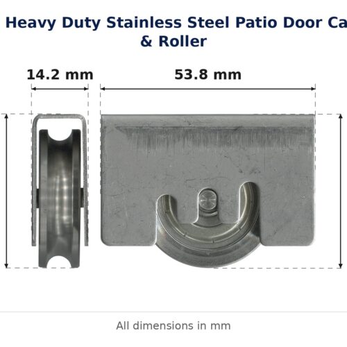 TradeBase 100kg Heavy Duty Stainless Steel Patio Door Carriage & Roller dimensions showing 14.2 mm, 53.8 mm, 38.6 mm, 38.6 mm