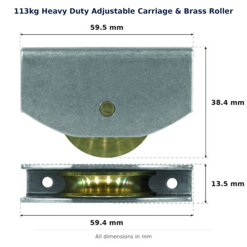 TradeBase 113kg Heavy Duty Adjustable Carriage & Brass Roller dimensions showing 59.5 mm, 59.4 mm, 38.4 mm, 13.5 mm