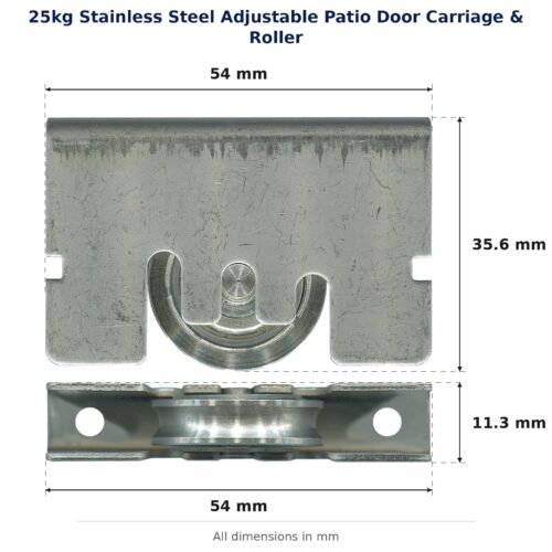TradeBase 25kg Stainless Steel Adjustable Patio Door Carriage & Roller dimensions showing 54 mm, 54 mm, 35.6 mm, 11.3 mm