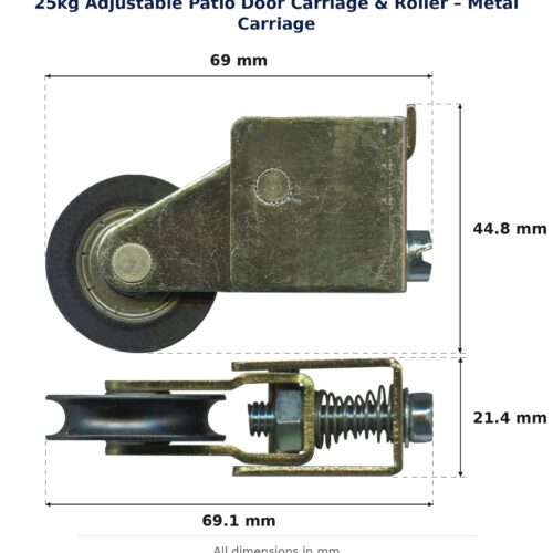TradeBase 25kg Adjustable Patio Door Carriage & Roller – Metal Carriage dimensions showing 69 mm, 69.1 mm, 44.8 mm, 21.4 mm