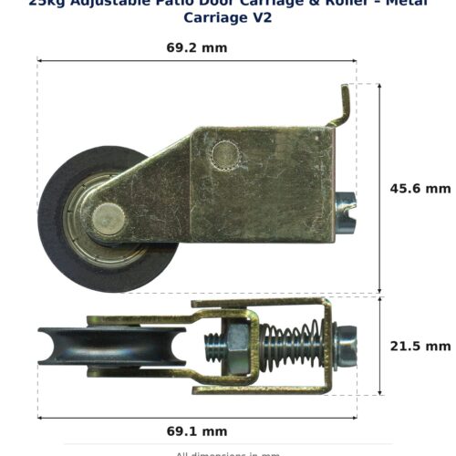 TradeBase 25kg Adjustable Patio Door Carriage & Roller – Metal Carriage V2 dimensions showing 69.2 mm, 69.1 mm, 45.6 mm, 21.5 mm