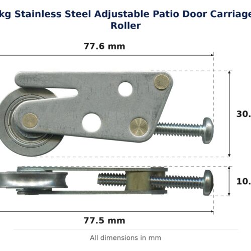 TradeBase 25kg Stainless Steel Adjustable Patio Door Carriage & Roller dimensions showing 77.6 mm, 77.5 mm, 30.6 mm, 10.7 mm