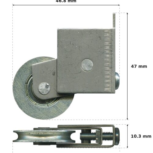 TradeBase 25kg Stainless Steel Adjustable Patio Door Carriage & Metal Roller dimensions showing 46.8 mm, 46.6 mm, 47 mm, 10.3 mm
