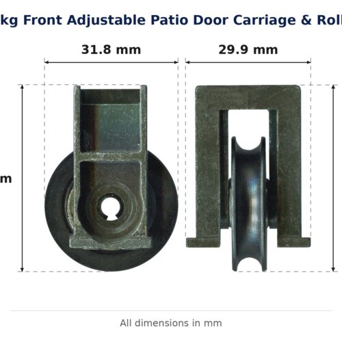 TradeBase 25kg Front Adjustable Patio Door Carriage & Roller dimensions showing 31.8 mm, 29.9 mm, 44.6 mm, 45 mm