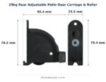 TradeBase 25kg Rear Adjustable Patio Door Carriage & Roller dimensions showing 65.4 mm, 23.5 mm, 70.3 mm, 70.4 mm