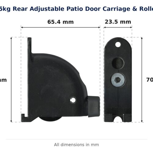 TradeBase 25kg Rear Adjustable Patio Door Carriage & Roller dimensions showing 65.4 mm, 23.5 mm, 70.3 mm, 70.4 mm