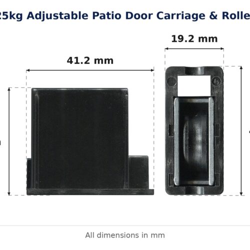 TradeBase 25kg Adjustable Patio Door Carriage & Roller dimensions showing 41.2 mm, 19.2 mm, 34.9 mm, 41.9 mm
