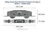 TradeBase 100kg Heavy Duty Stainless Tandem Carriage & Rollers – Timber Door dimensions showing 152.1 mm, 152.1 mm, 40.4 mm, 17.1 mm