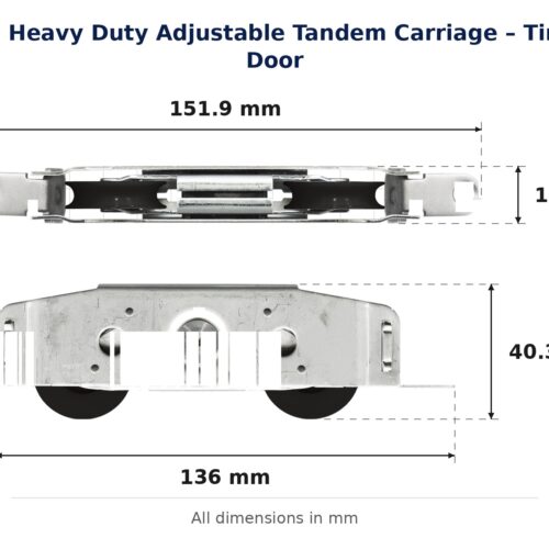 TradeBase 60kg Heavy Duty Adjustable Tandem Carriage – Timber Door dimensions showing 151.9 mm, 17.4 mm, 136 mm, 40.3 mm