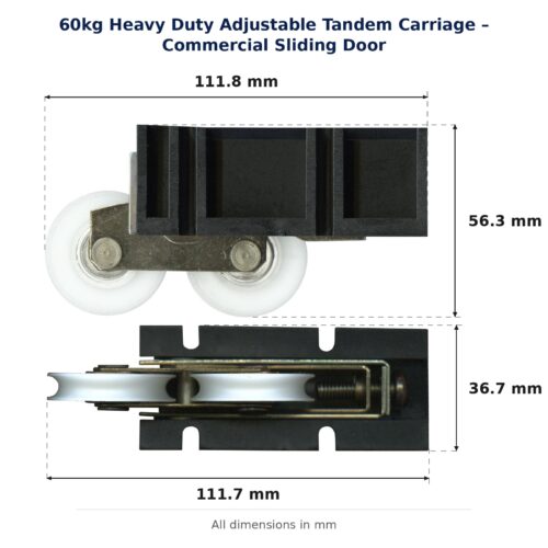 TradeBase 60kg Heavy Duty Adjustable Tandem Carriage – Commercial Sliding Door dimensions showing 111.8 mm, 111.7 mm, 56.3 mm, 36.7 mm