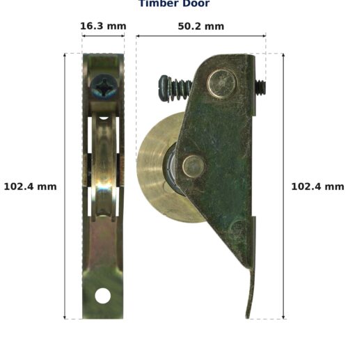 TradeBase 115kg Heavy Duty Narrow Carriage & Brass Roller – Timber Door dimensions showing 16.3 mm, 50.2 mm, 102.4 mm, 102.4 mm