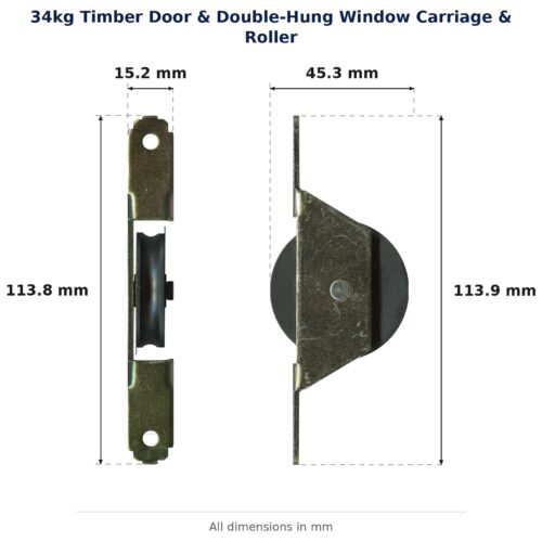 TradeBase 34kg Timber Door & Double-Hung Window Carriage & Roller dimensions showing 15.2 mm, 113.8 mm, 45.3 mm, 113.9 mm