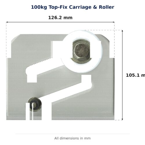 TradeBase 100kg Top-Fix Carriage & Roller dimensions showing 126.2 mm, 105.1 mm