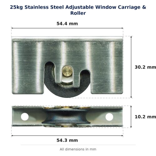 TradeBase 25kg Stainless Steel Adjustable Window Carriage & Roller dimensions showing 54.4 mm, 54.3 mm, 30.2 mm, 10.2 mm