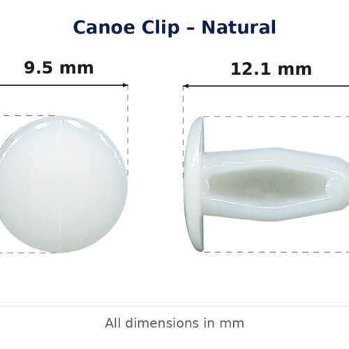 Canoe Clip – Natural dimension diagram - overall 12.1 mm x 9.5 mm, every dimension measured in millimetres. TradeBase Australia part CLPCAN10.