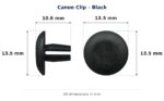Canoe Clip – Black dimension diagram - overall 13.5 mm x 13.5 mm, every dimension measured in millimetres. TradeBase Australia part CLPCAN13BL.
