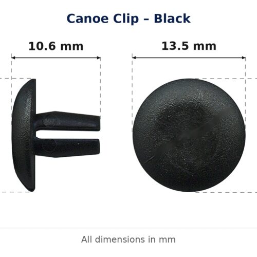 Canoe Clip – Black dimension diagram - overall 13.5 mm x 13.5 mm, every dimension measured in millimetres. TradeBase Australia part CLPCAN13BL.