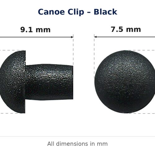 Canoe Clip – Black dimension diagram - overall 9.1 mm x 7.5 mm, every dimension measured in millimetres. TradeBase Australia part CLPCAN7BL.