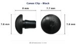 Canoe Clip – Black dimension diagram - overall 8 mm x 7.8 mm, every dimension measured in millimetres. TradeBase Australia part CLPCAN7BL8.