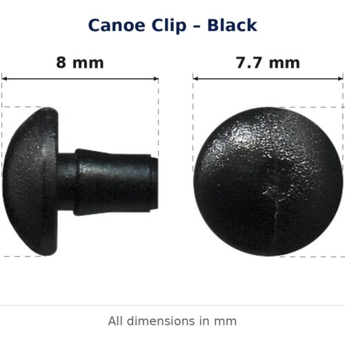 Canoe Clip – Black dimension diagram - overall 8 mm x 7.8 mm, every dimension measured in millimetres. TradeBase Australia part CLPCAN7BL8.