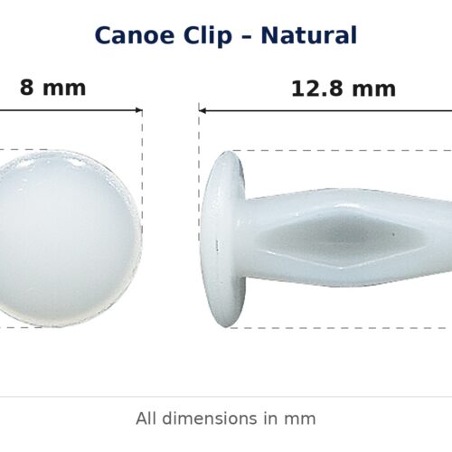 Canoe Clip – Natural dimension diagram - overall 12.8 mm x 8 mm, every dimension measured in millimetres. TradeBase Australia part CLPCAN8.