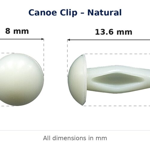 Canoe Clip – Natural dimension diagram - overall 13.6 mm x 7.9 mm, every dimension measured in millimetres. TradeBase Australia part CLPCAN814.