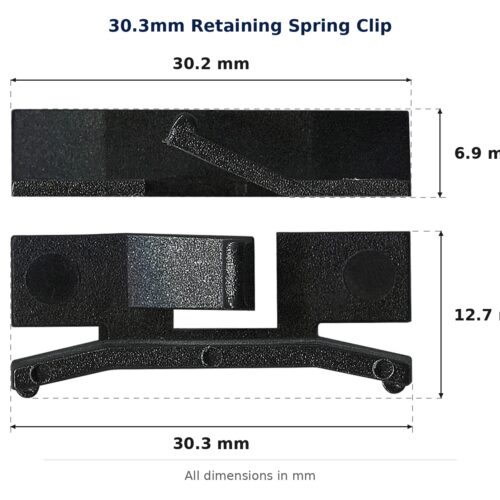 30.3mm Retaining Spring Clip – Suits Flyscreen dimension diagram - overall 30.3 mm x 12.7 mm, every dimension measured in millimetres. TradeBase Australia part CLPRET30.