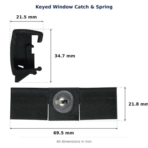 Keyed Window Catch & Spring – Suits Boral BST dimension diagram. Every dimension measured in millimetres. TradeBase Australia part CTH6112.