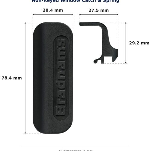 Non-Keyed Window Catch & Spring – Suits Bradnams dimension diagram. Every dimension measured in millimetres. TradeBase Australia part CTH6138.