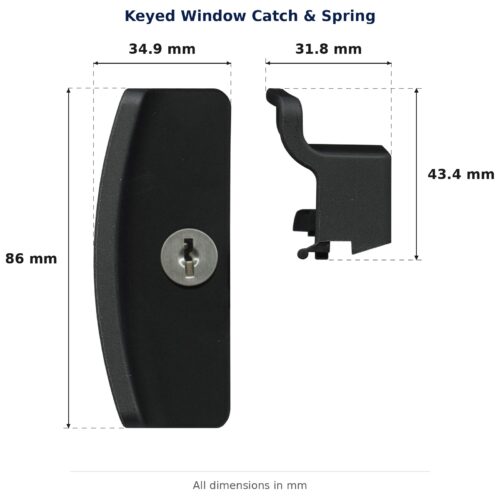 Keyed Window Catch & Spring – Suits Bradnams dimension diagram. Every dimension measured in millimetres. TradeBase Australia part CTH6139.