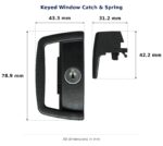 Keyed Window Catch & Spring – Suits Bradnams, Wideline and Clearview dimension diagram. Overall size 45W x 80H x 29L mm. Every dimension measured in millimetres. TradeBase Australia part CTH6142.