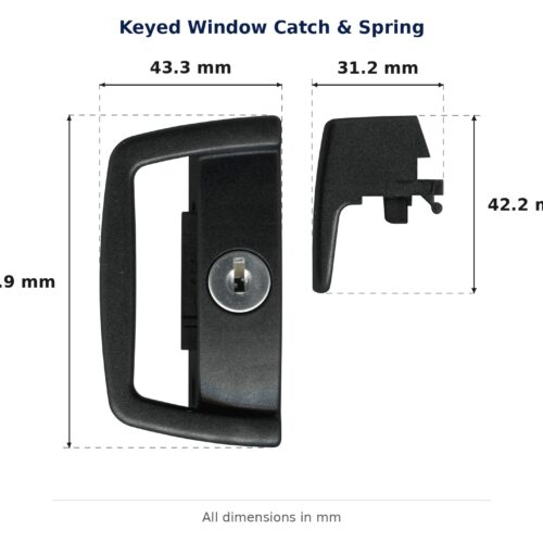 Keyed Window Catch & Spring – Suits Bradnams, Wideline and Clearview dimension diagram. Overall size 45W x 80H x 29L mm. Every dimension measured in millimetres. TradeBase Australia part CTH6142.