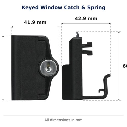 Keyed Window Catch & Spring – Suits Stegbar dimension diagram. Every dimension measured in millimetres. TradeBase Australia part CTH6144.