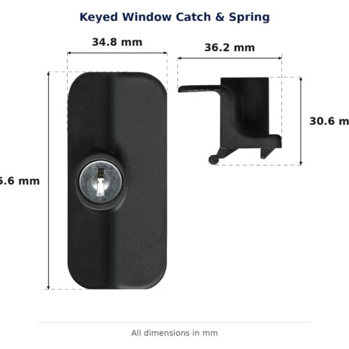 Keyed Window Catch & Spring – Suits AMP, Allulite, Dowell and others dimension diagram. Every dimension measured in millimetres. TradeBase Australia part CTH6173.