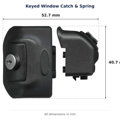 Keyed Window Catch & Spring – Suits View-Max dimension diagram. Every dimension measured in millimetres. TradeBase Australia part CTH6190.