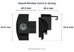 Keyed Window Catch & Spring – Suits JG dimension diagram. Overall size 41W x 53H x 52L mm. Every dimension measured in millimetres. TradeBase Australia part CTH6201.