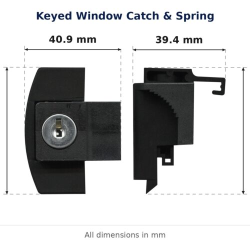 Keyed Window Catch & Spring – Suits JG dimension diagram. Overall size 41W x 53H x 52L mm. Every dimension measured in millimetres. TradeBase Australia part CTH6201.