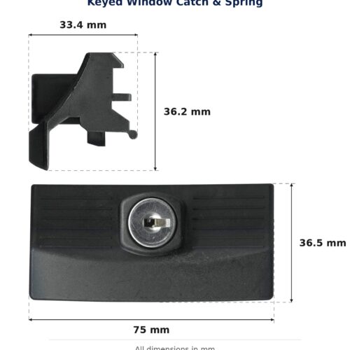Keyed Window Catch & Spring – Suits Vincent and Trend dimension diagram. Every dimension measured in millimetres. TradeBase Australia part CTH6206.